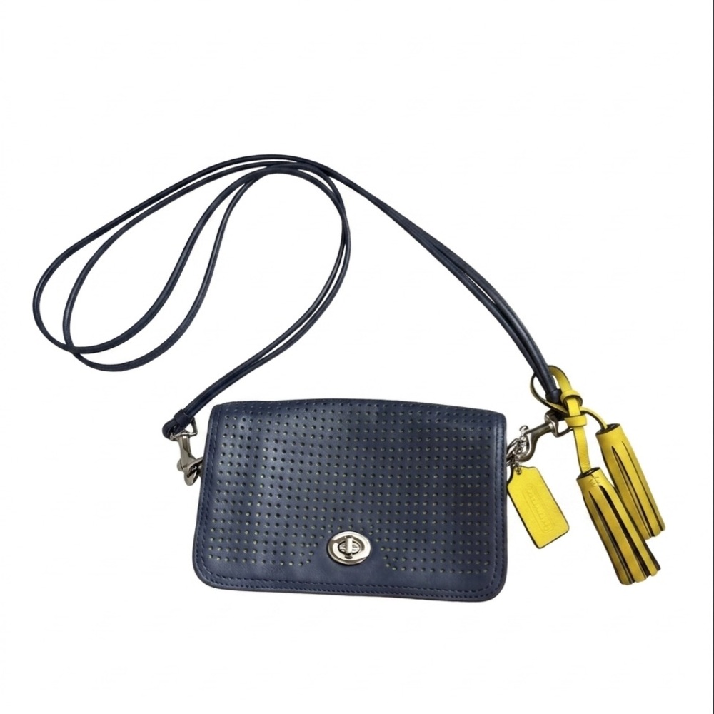 Coach Legacy Navy Perforated Penny Crossbody with Yellow Tassel Charm